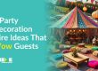 Vibrant outdoor event setup with colorful tent, hanging lanterns, and cozy seating area, used as banner for Theme Productions blog titled ‘5 Party Decoration Hire Ideas That Wow Guests’